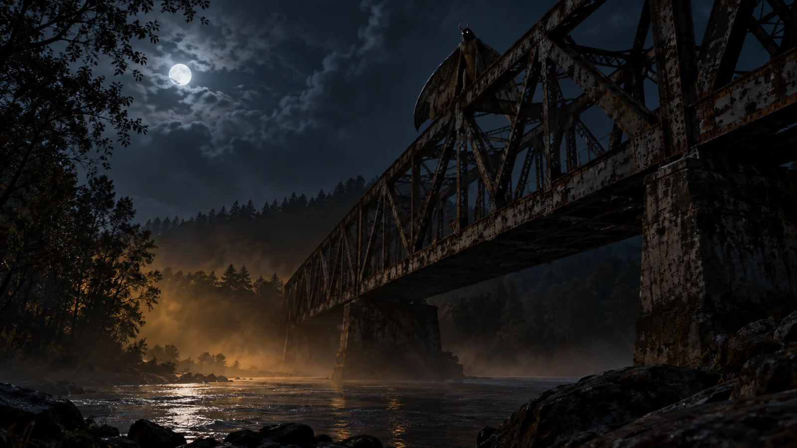 A winged nocturnal creature perches high on an old steel bridge.
