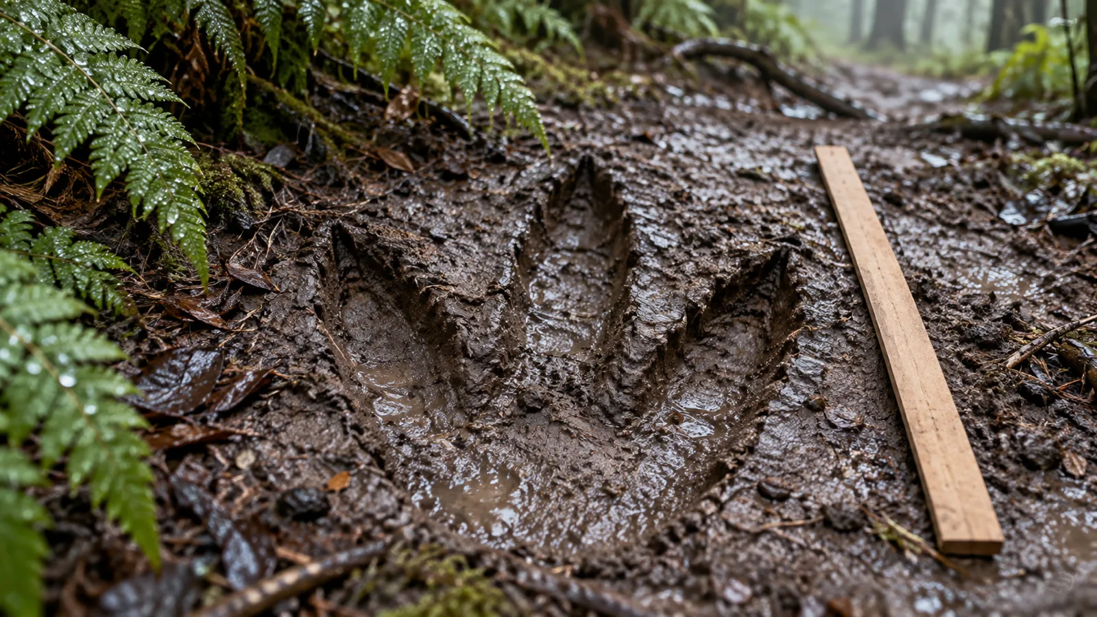 A huge three-toed footprint lies in wet forest mud beside a blank stick.