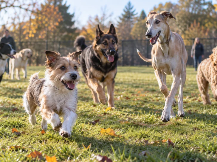 Diverse dogs running together in an autumn dog park