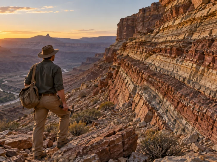 Geologist examining layered canyon rocks at sunrise