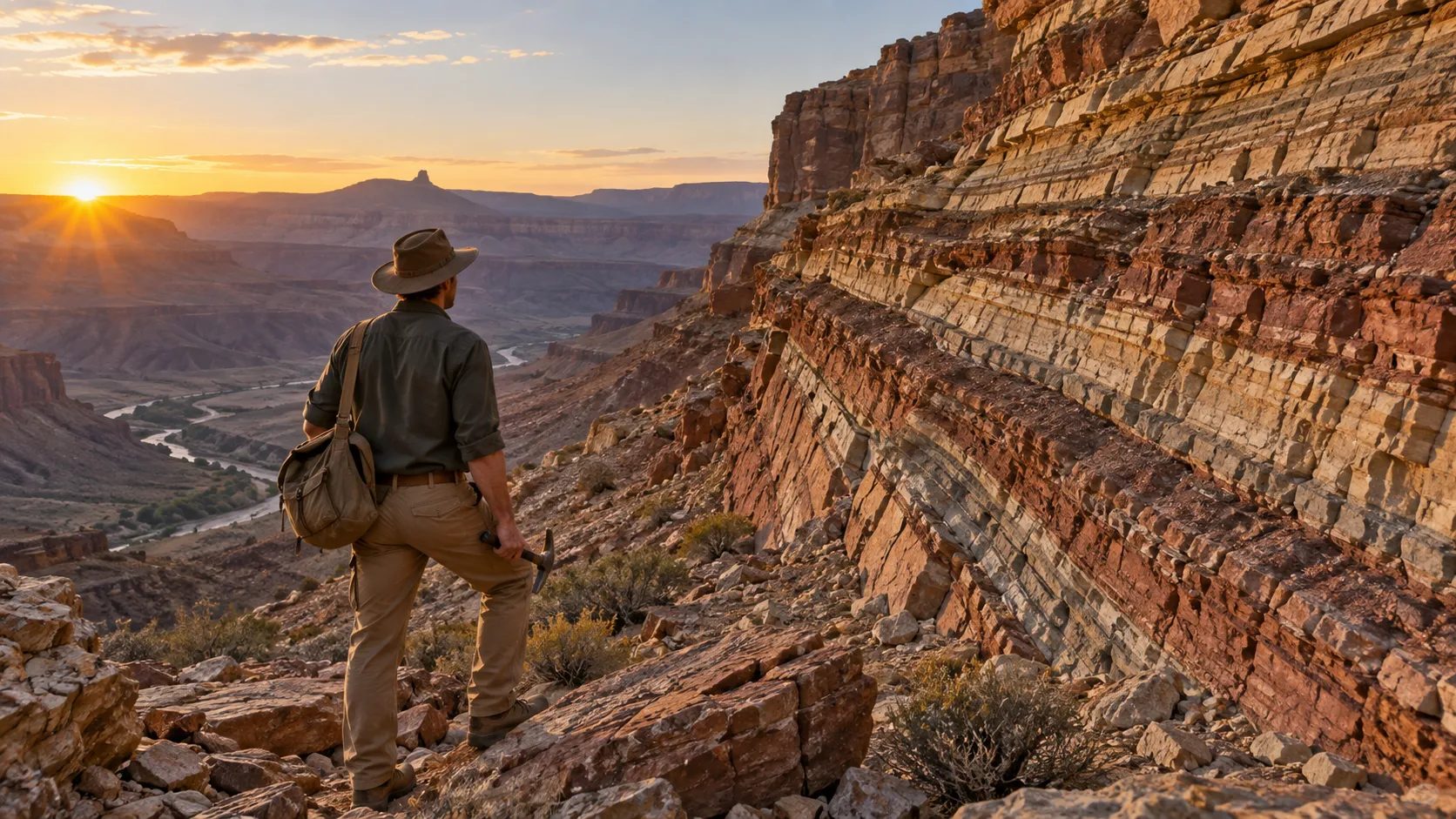 Geologist examining layered canyon rocks at sunrise