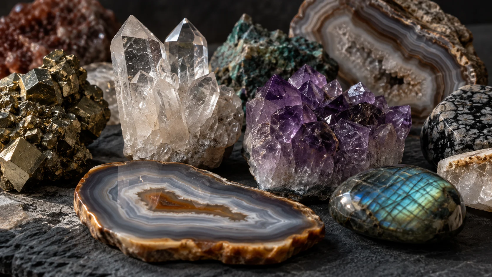 Natural mineral crystals and polished rock slices