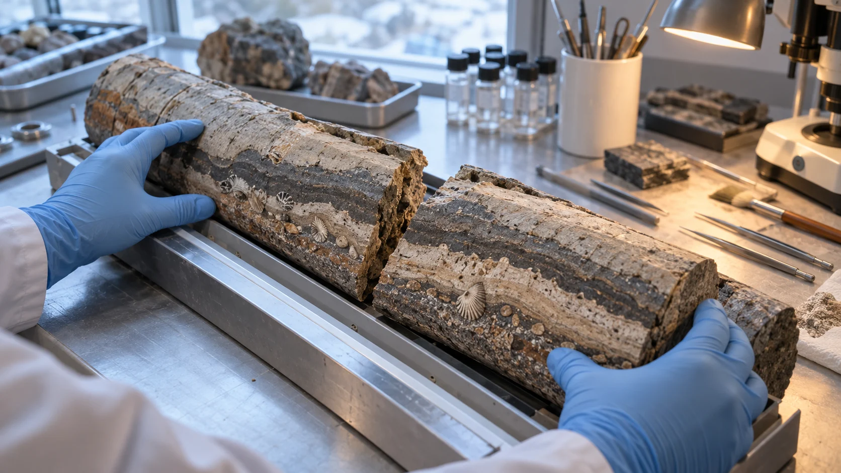 Gloved hands examining a layered sediment core