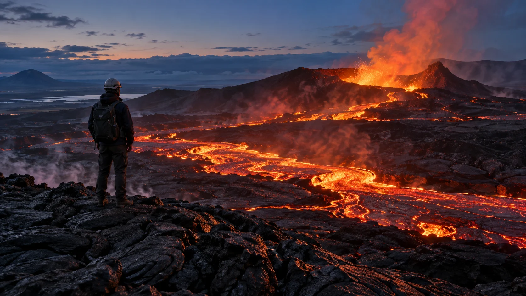 Volcanologist overlooking a glowing basalt lava field