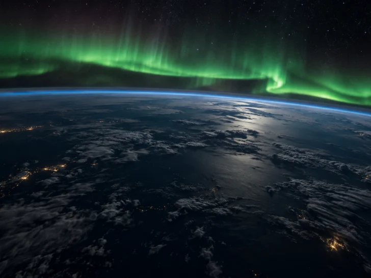 Green aurora glowing above Earth's thin blue atmosphere on the night side