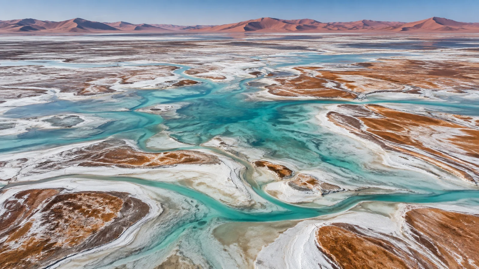 Turquoise water channels branching across a desert salt pan after rain