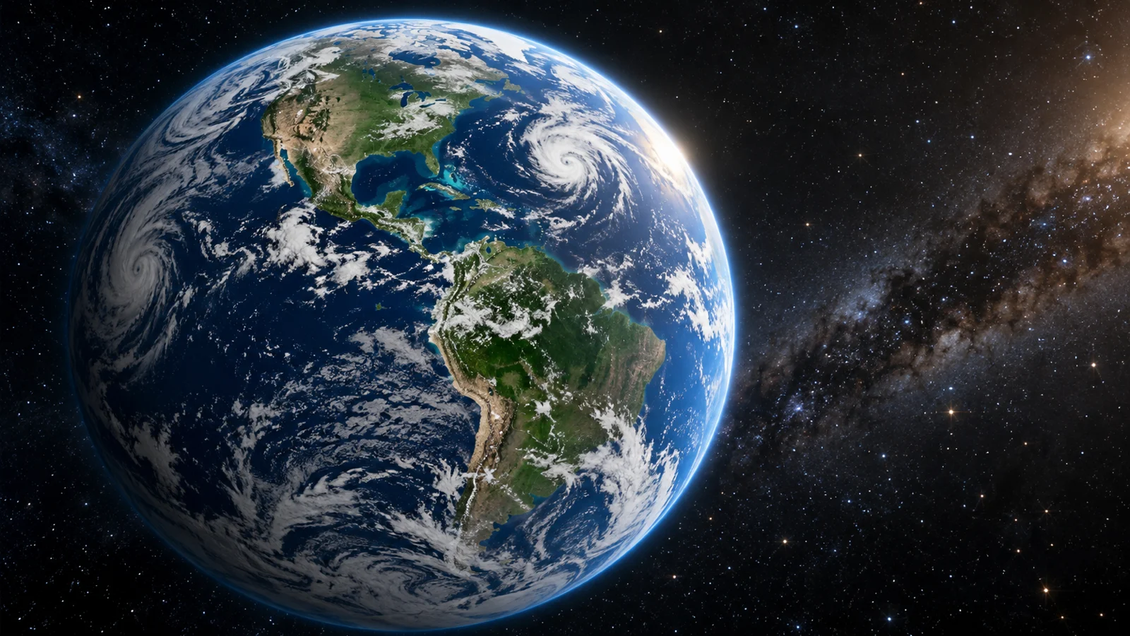 Earth's blue oceans, continents, clouds, and glowing atmosphere seen from space