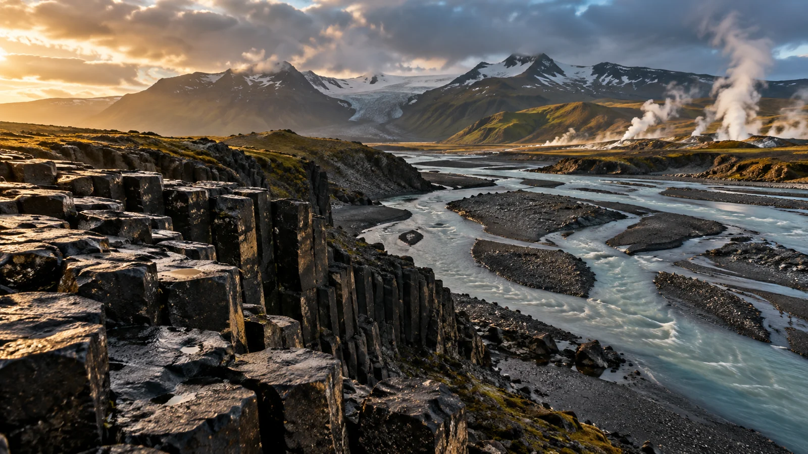 Basalt columns overlooking a braided glacial river and geothermal landscape
