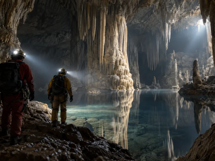 Cave explorers entering a vast limestone chamber