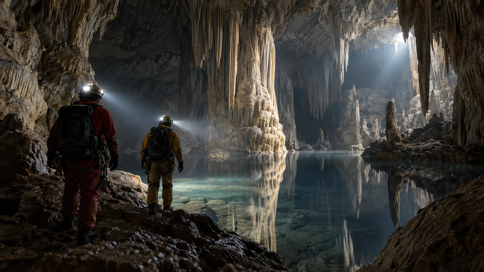 Cave explorers entering a vast limestone chamber