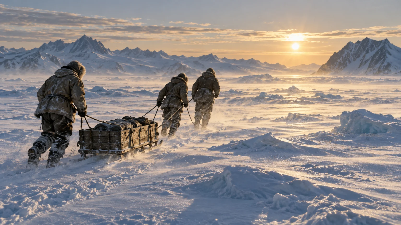 Polar explorers pulling a wooden sled across sea ice