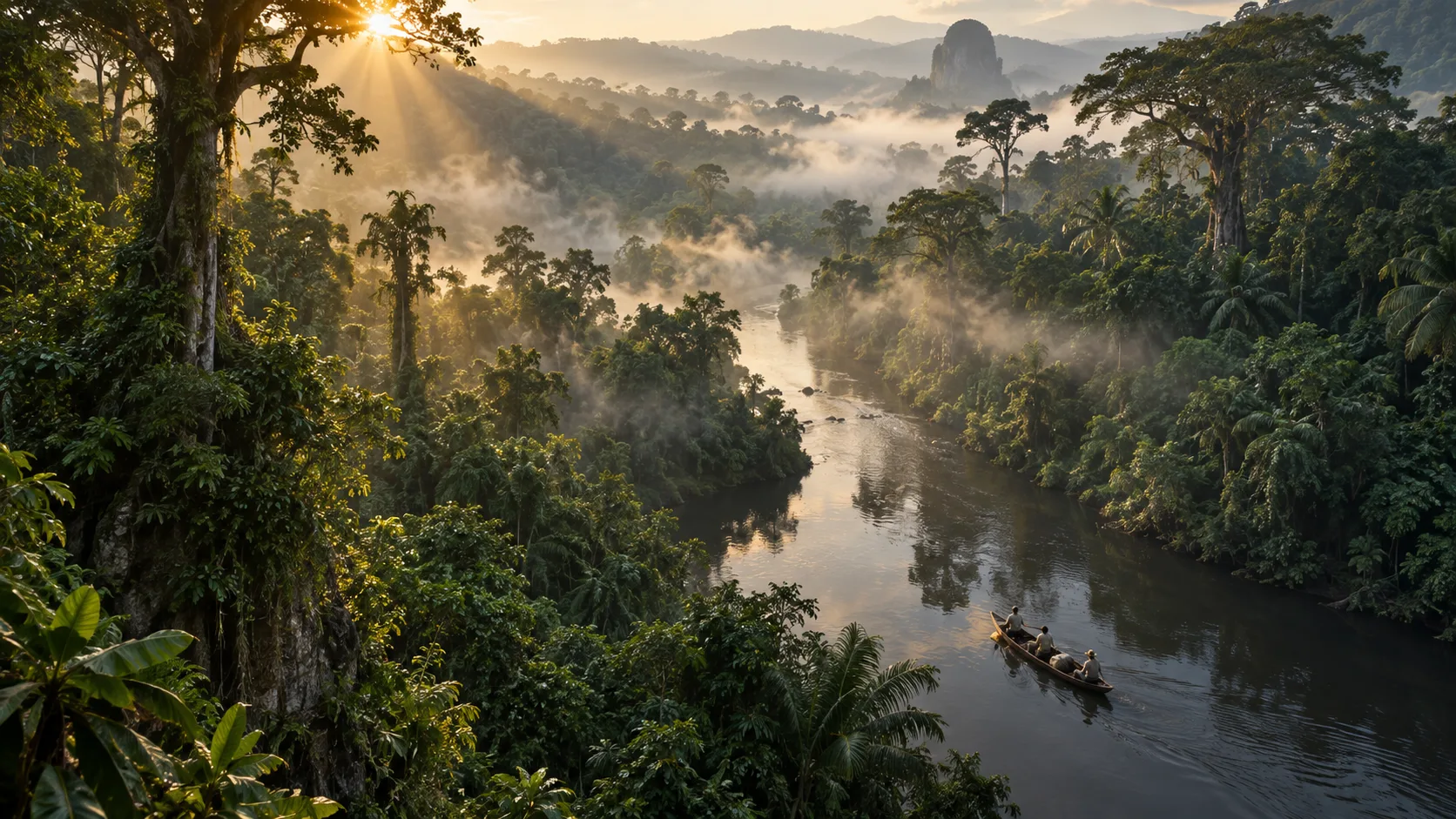 Explorers paddling a canoe through rainforest mist