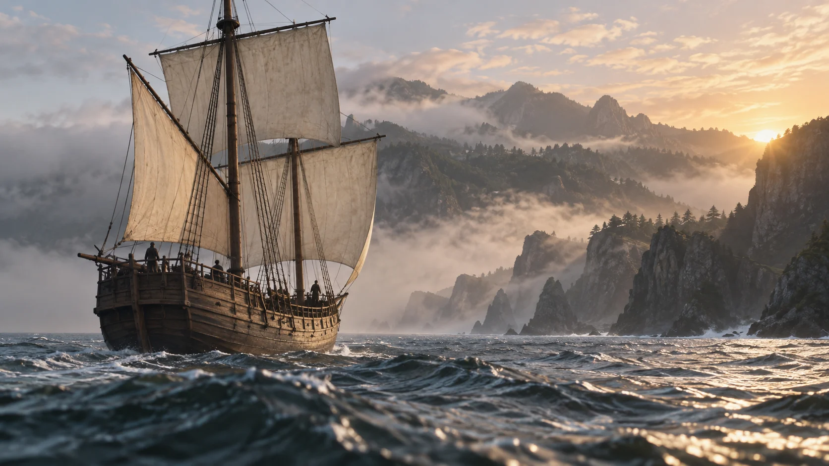 Wooden sailing vessel approaching a misty coastline