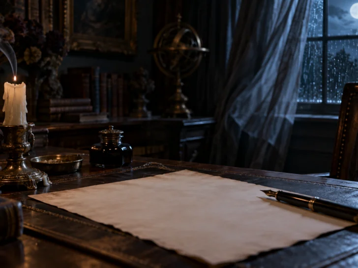 Blank aged paper and fountain pen on a moonlit antique writing desk