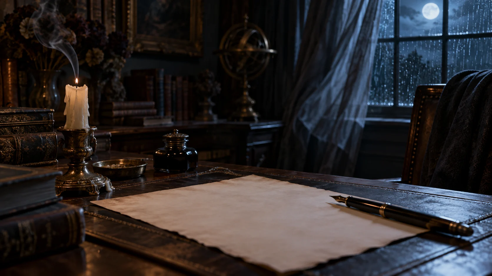 Blank aged paper and fountain pen on a moonlit antique writing desk