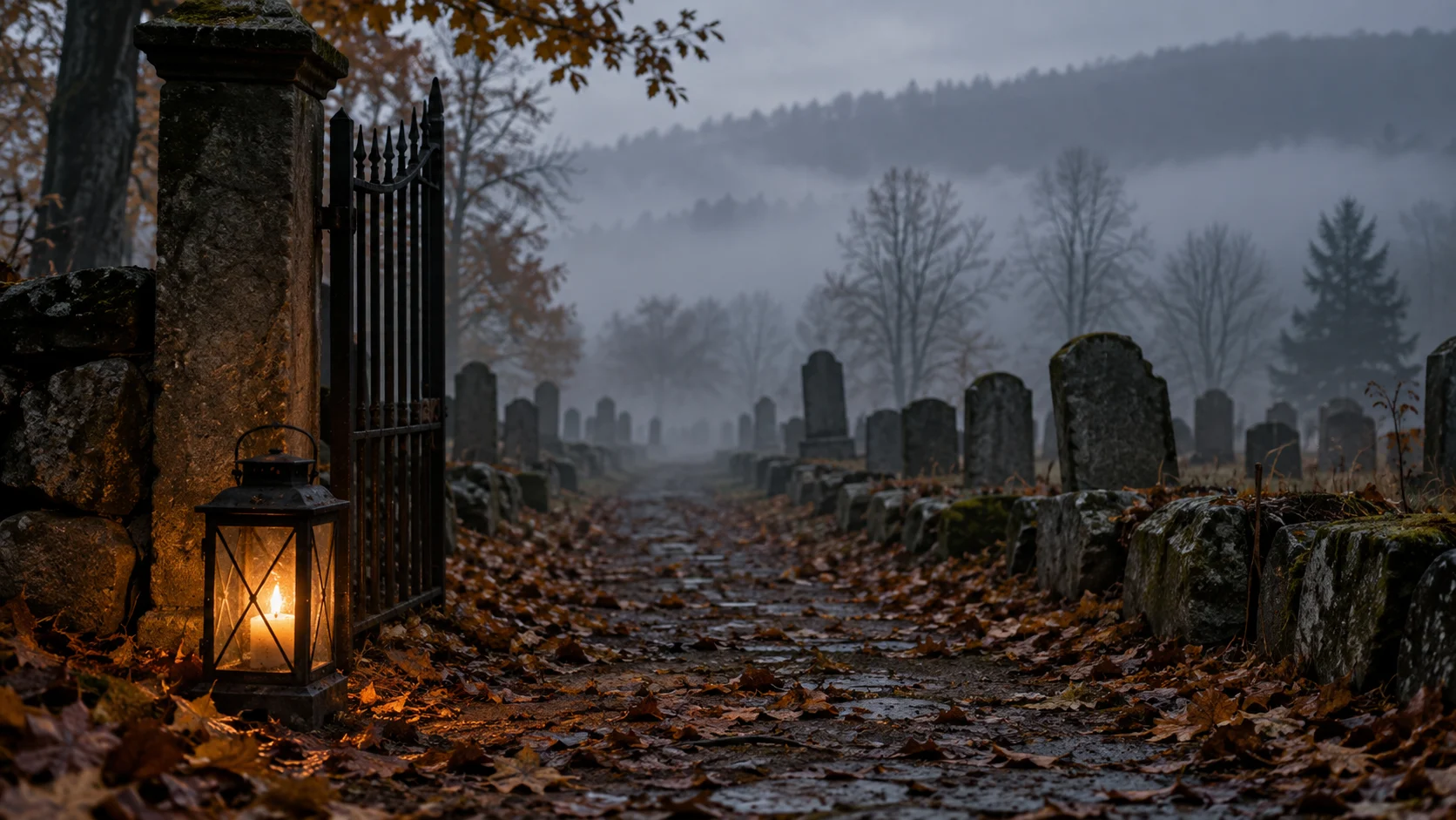 Lantern beside a foggy cemetery path lined with unmarked stones