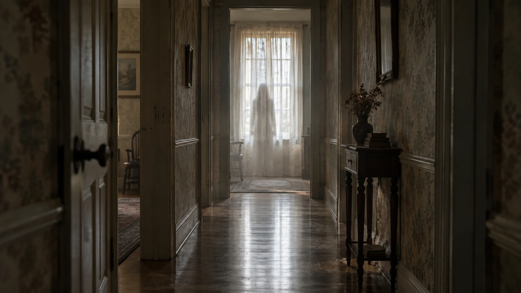 Indistinct apparition behind sheer curtains at the end of an old hallway