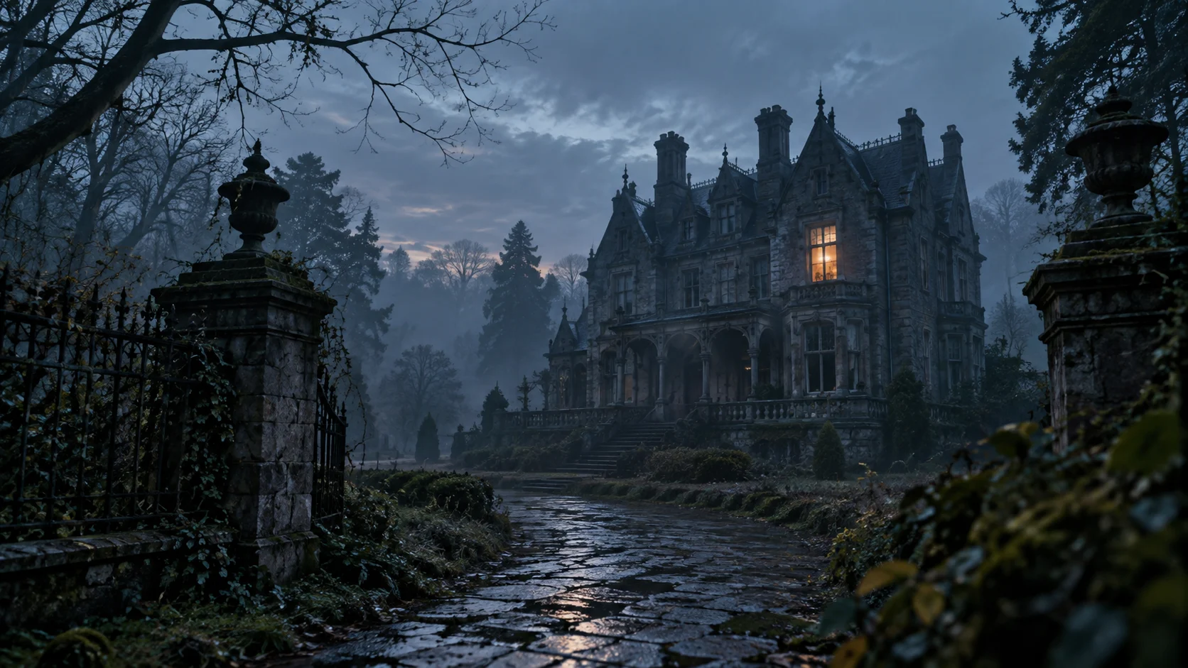 Misty Victorian mansion at blue hour with one glowing upstairs window
