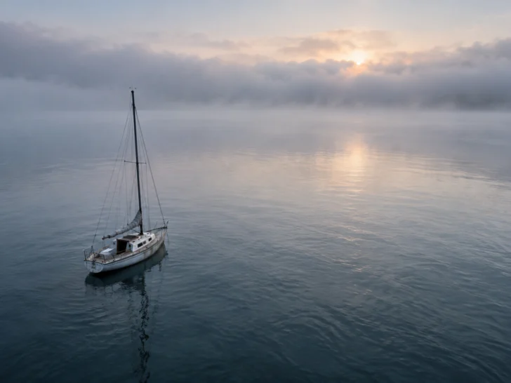 An empty sailboat drifts alone toward a fog bank at dawn.