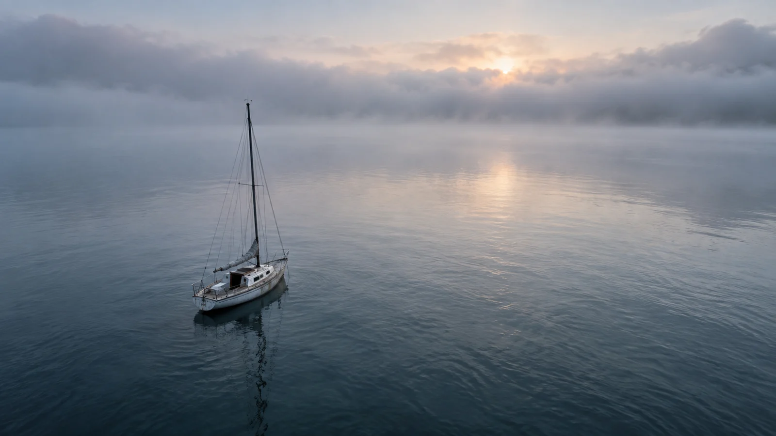 An empty sailboat drifts alone toward a fog bank at dawn.