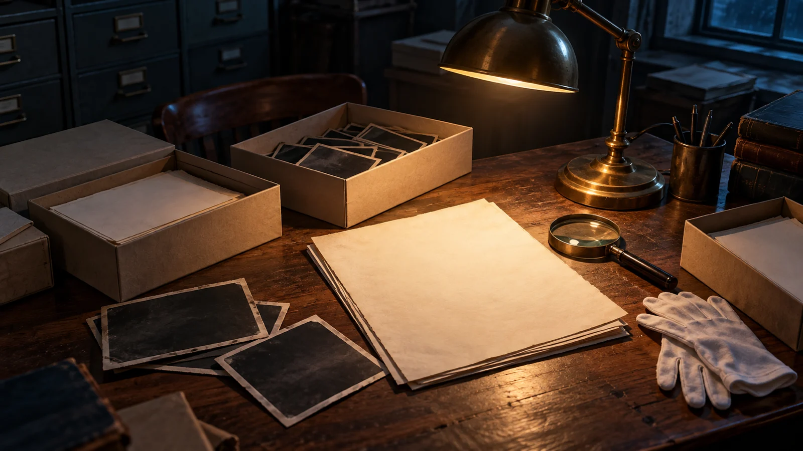 Blank case papers and photographs cover a lamplit archive desk.