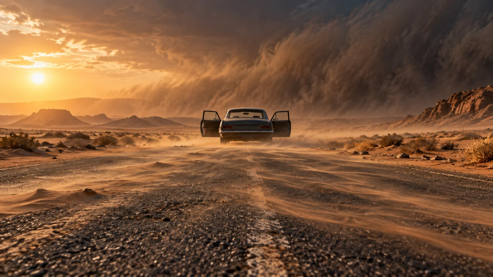 An empty vintage car stands with open doors on a sand-blown desert road.