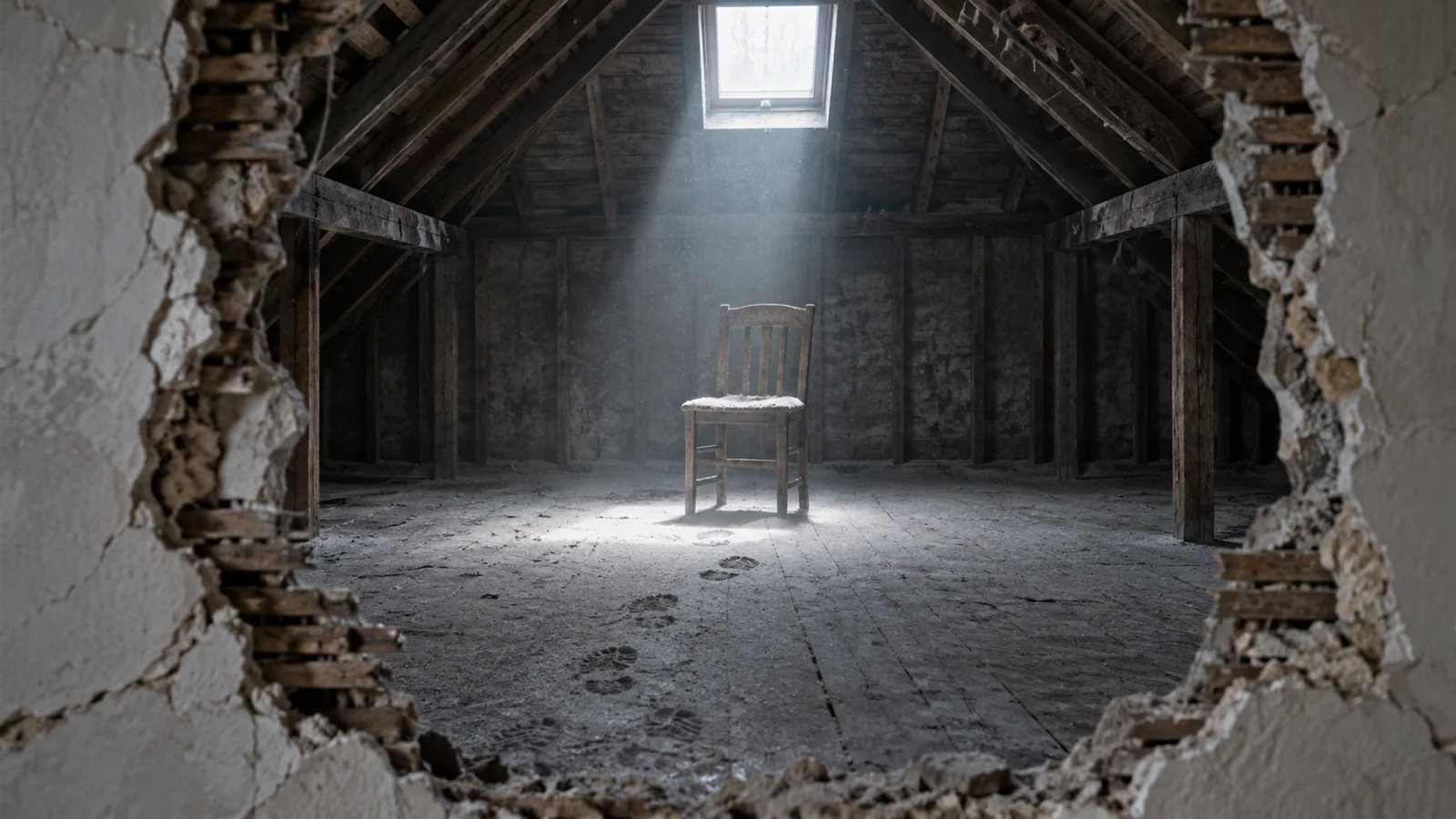 Footprints in a dusty hidden attic stop beneath a lone chair.
