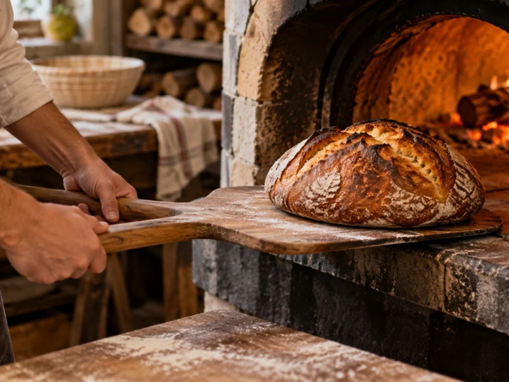 Baker removing artisan bread from a stone oven