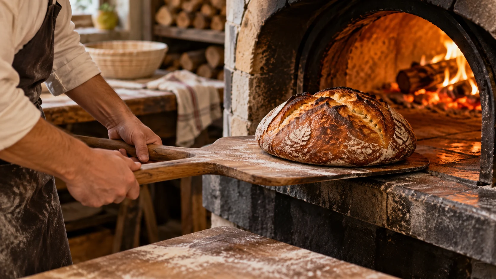 Baker removing artisan bread from a stone oven