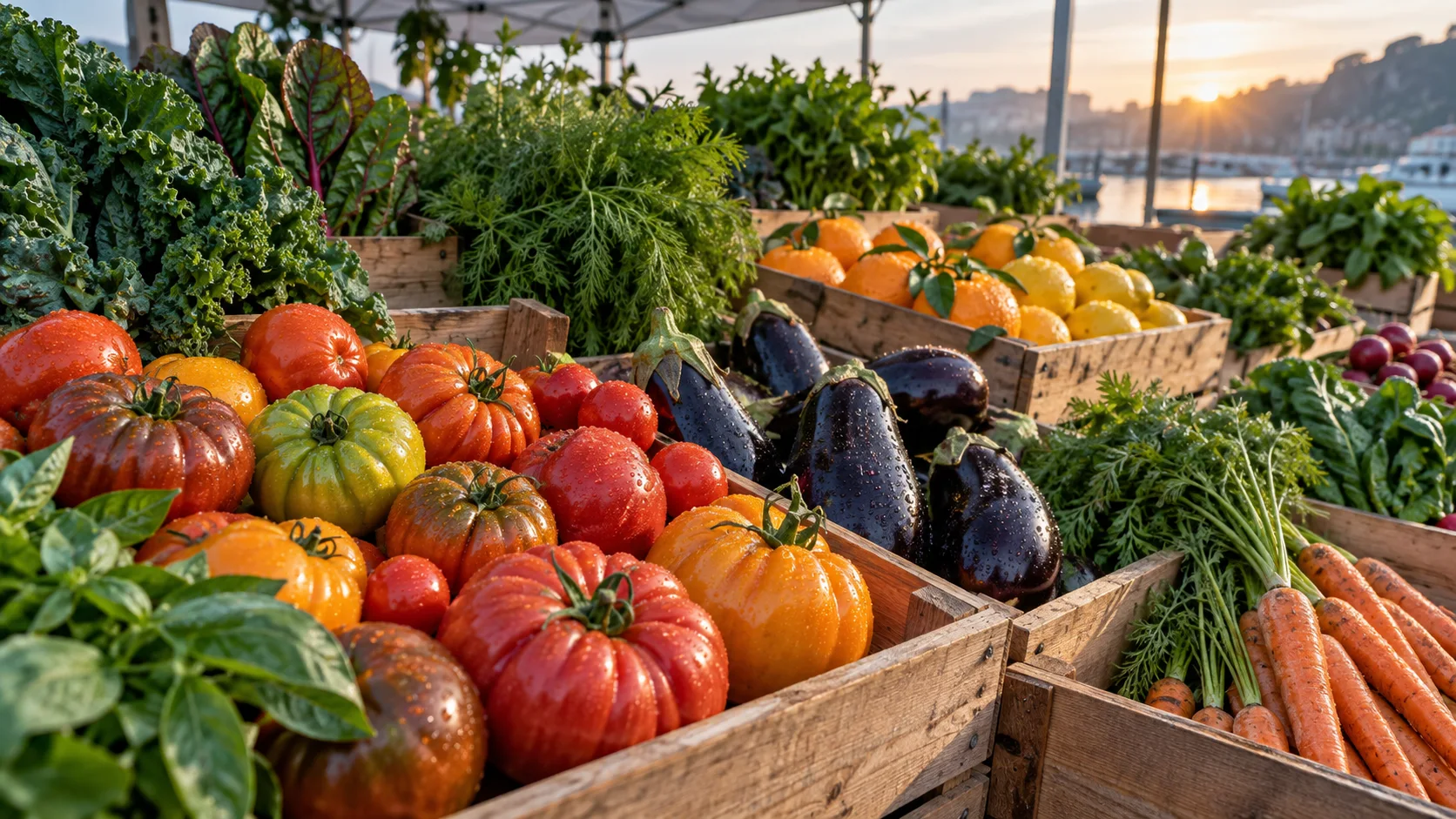 Fresh seasonal produce in wooden market crates