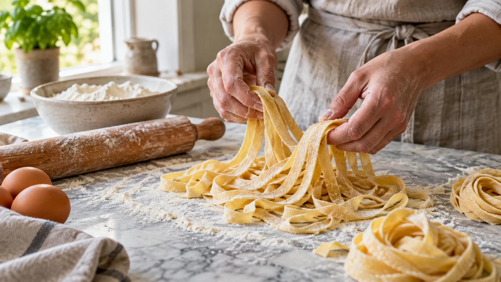 Cook shaping fresh pasta ribbons by hand