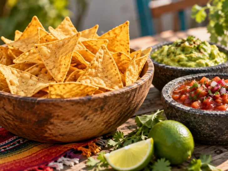 Corn chips with salsa and avocado dip