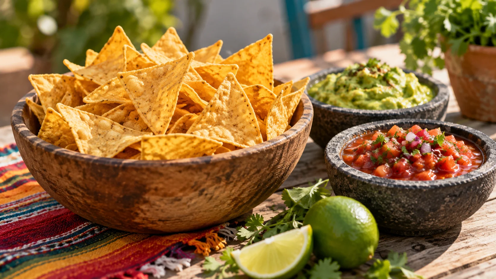 Corn chips with salsa and avocado dip