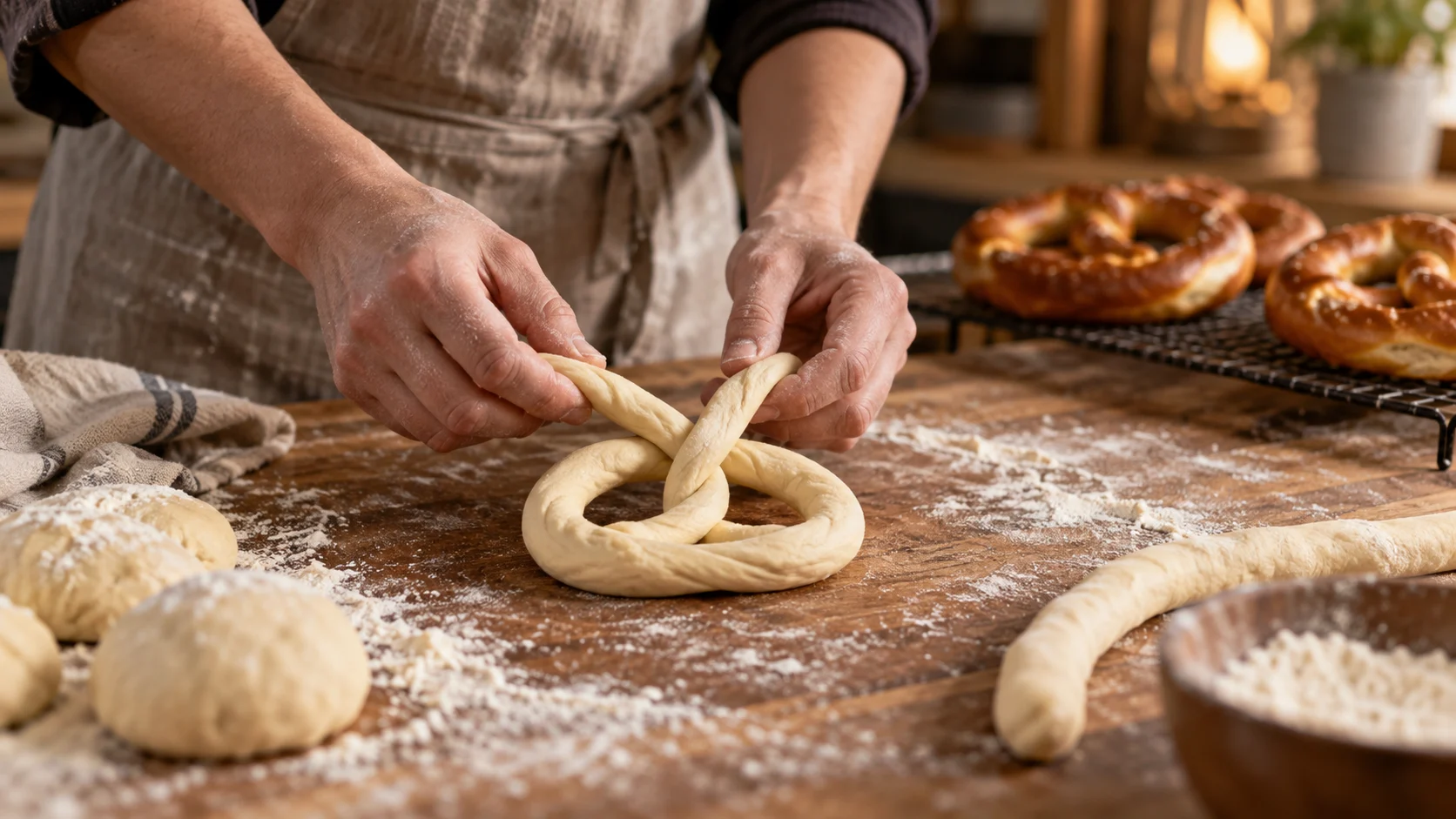 Baker shaping soft pretzel dough by hand