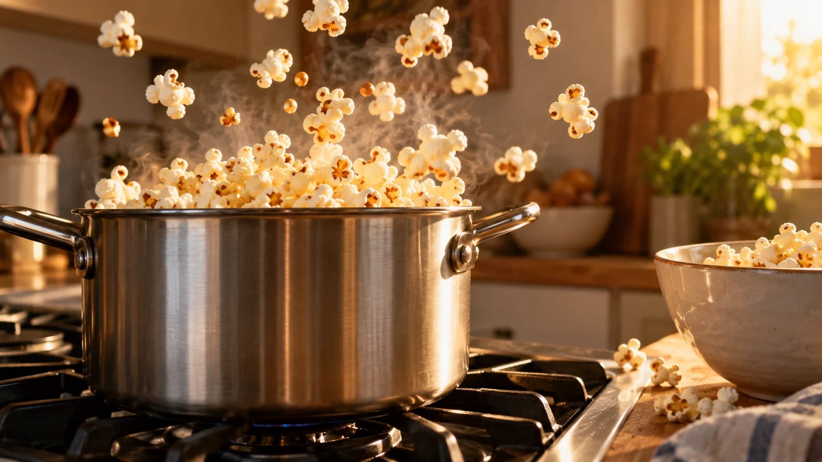 Popcorn bursting from a stovetop pot