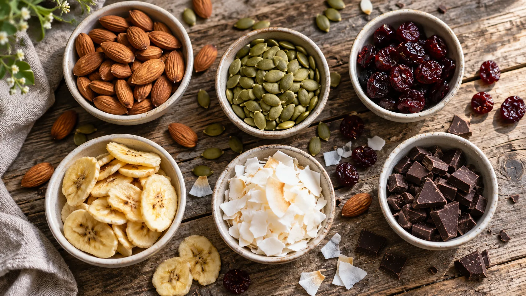 Bowls of nuts seeds fruit and chocolate