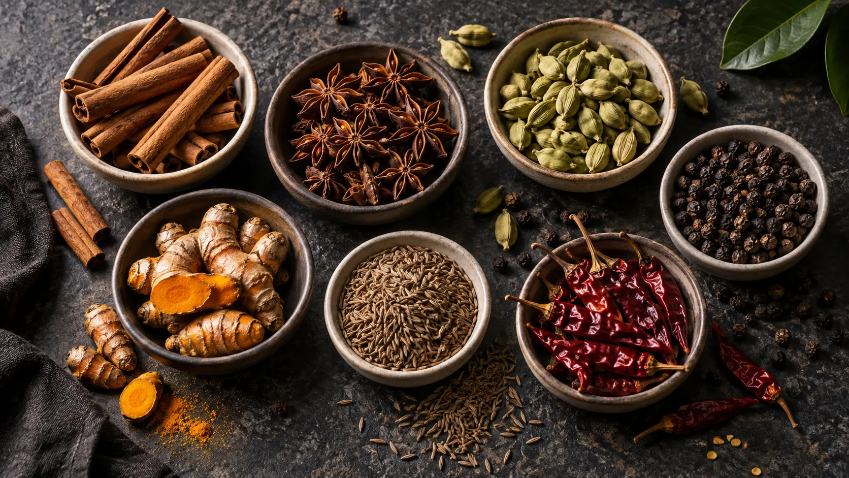 Whole culinary spices arranged in ceramic bowls