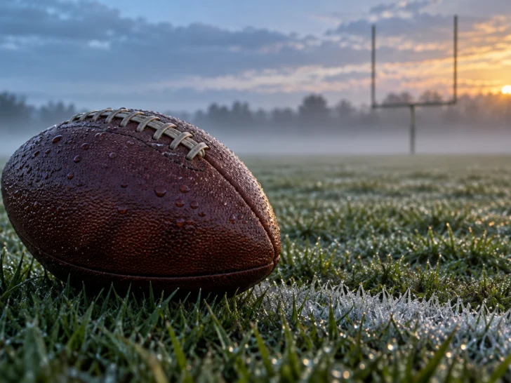 A rain-speckled football rests on cold turf with a goalpost at dawn.