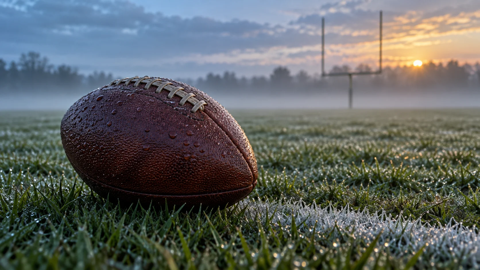 A rain-speckled football rests on cold turf with a goalpost at dawn.