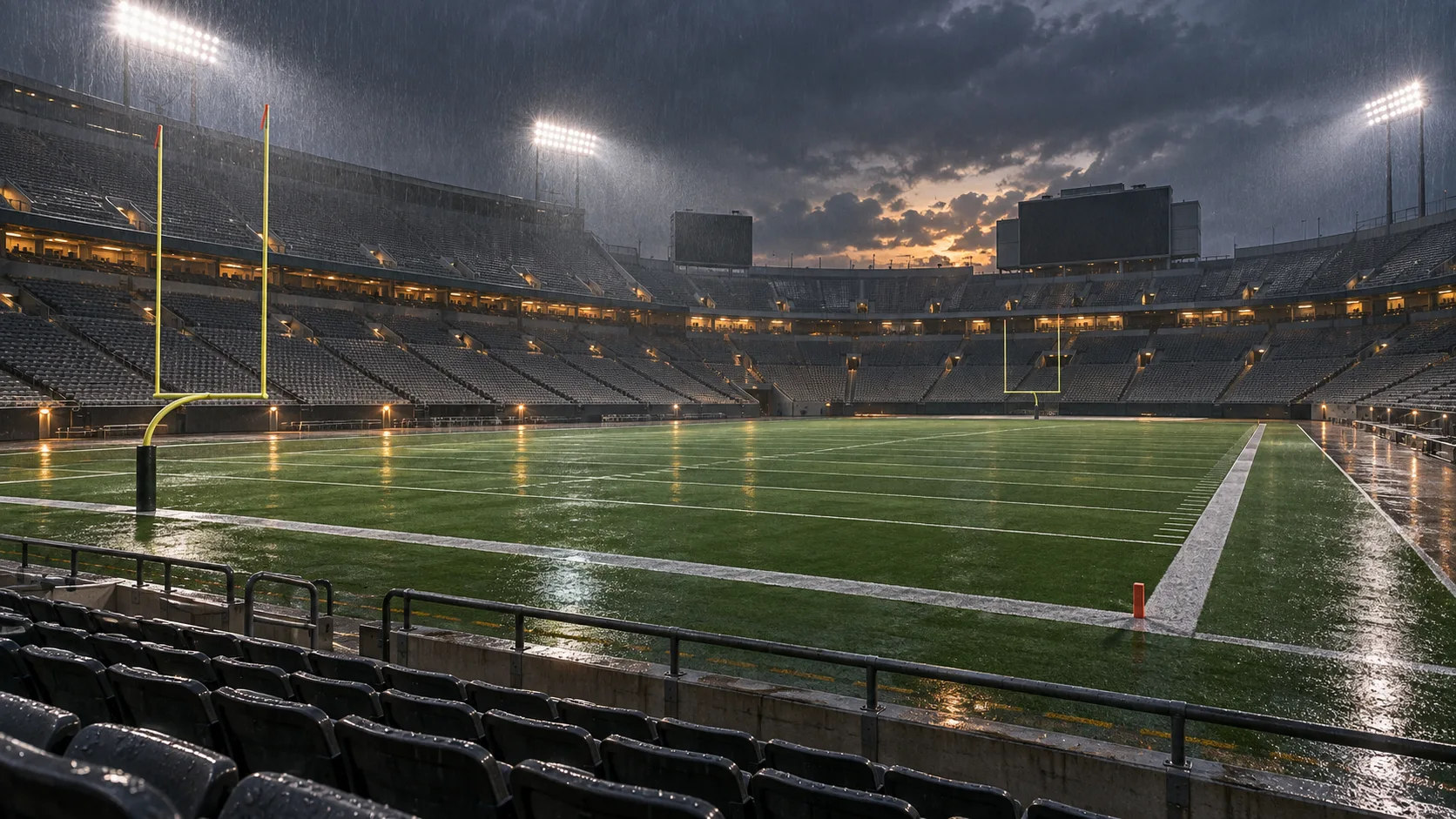 Rain falls across an empty unbranded football stadium at stormy dusk.
