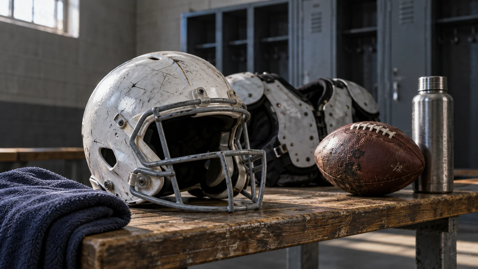 A plain helmet, shoulder pads, football, towel, and bottle rest on a locker-room bench.
