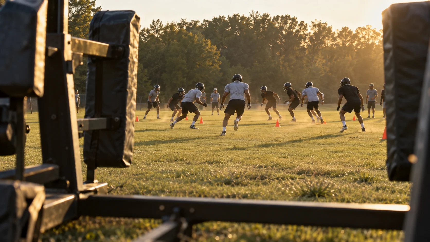 Players in plain practice gear run a formation drill at golden hour.