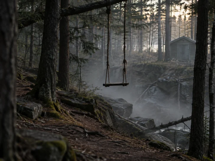 Foggy forest rope swing