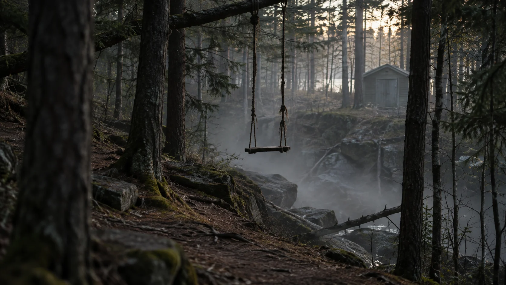 Foggy forest rope swing