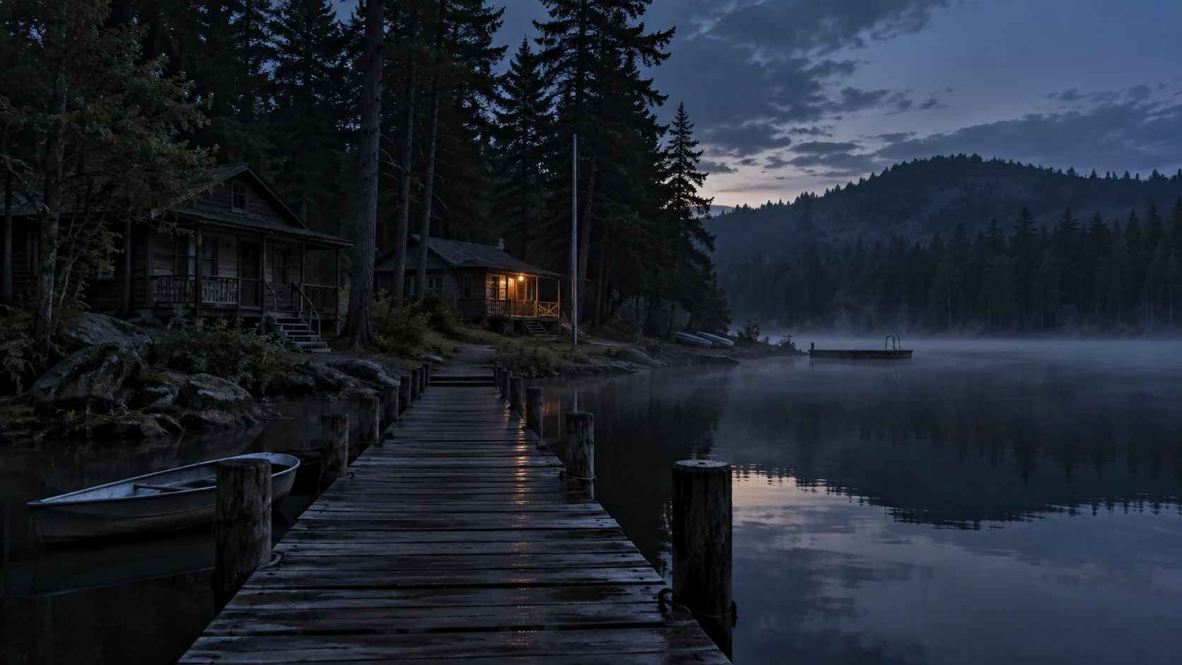 Misty lakeside camp at dusk