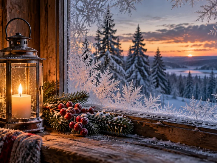 Warm lantern beside a frosted window overlooking a snowy forest at twilight