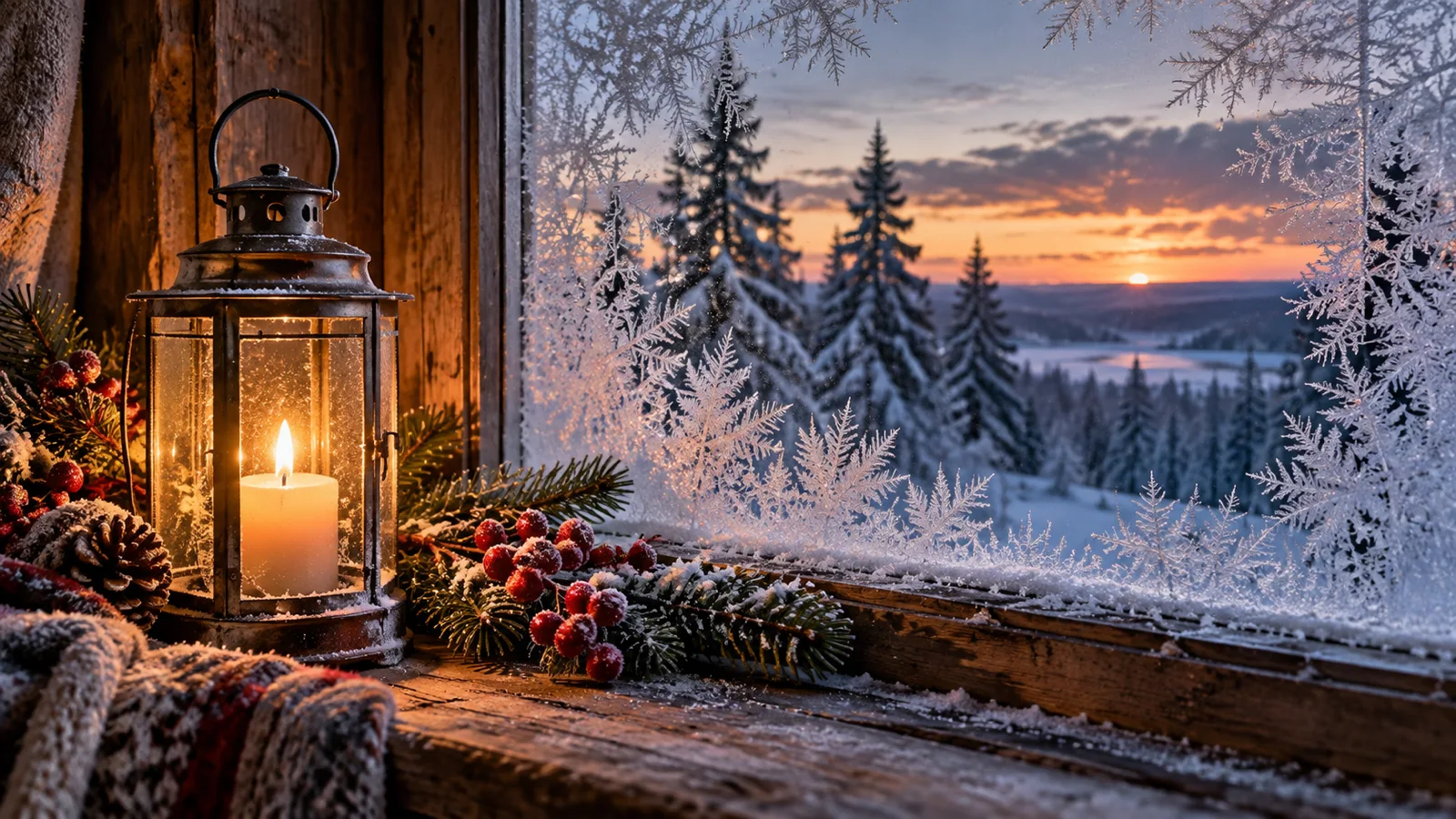 Warm lantern beside a frosted window overlooking a snowy forest at twilight