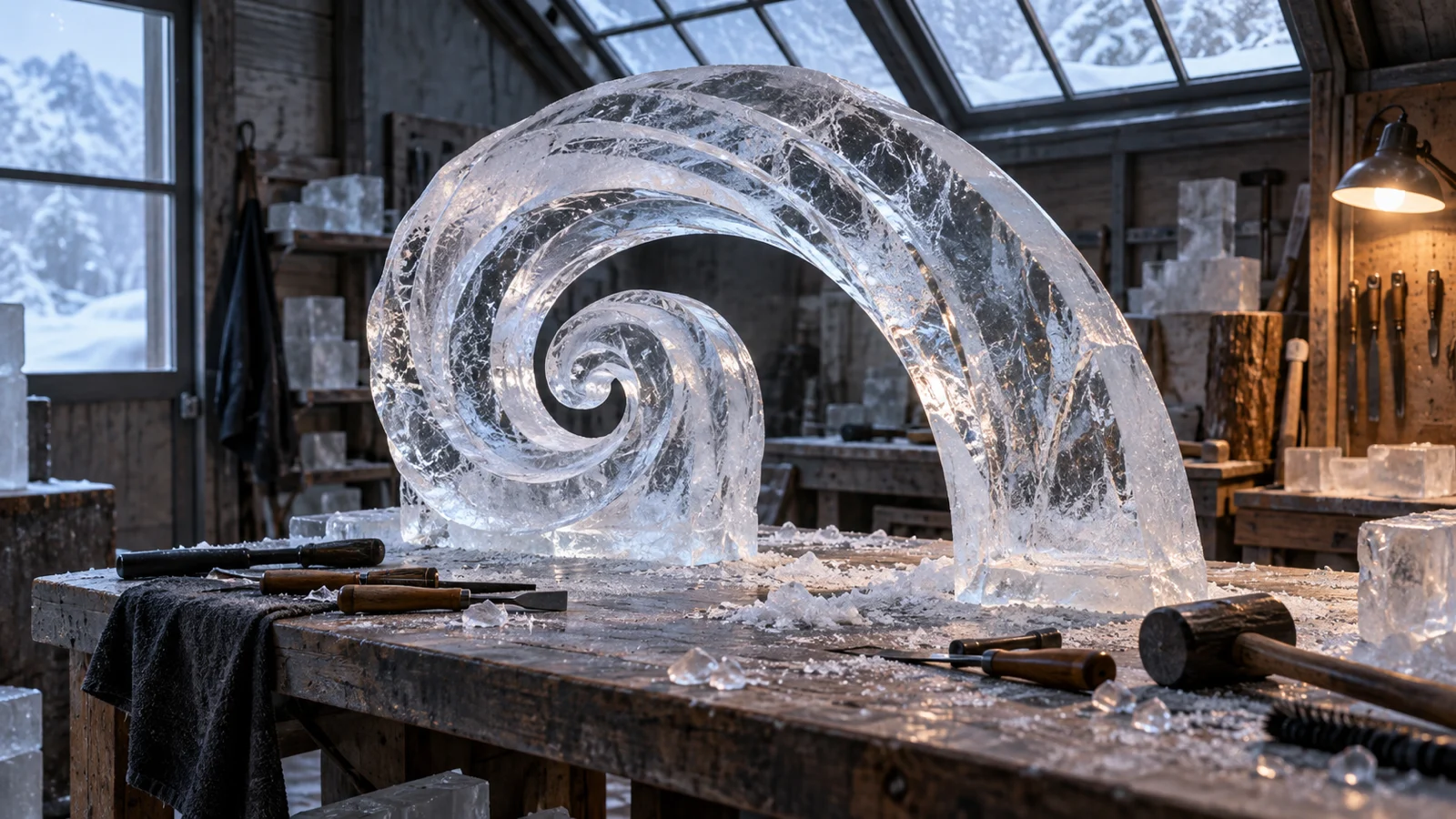 Abstract spiral ice sculpture glowing in a quiet winter workshop