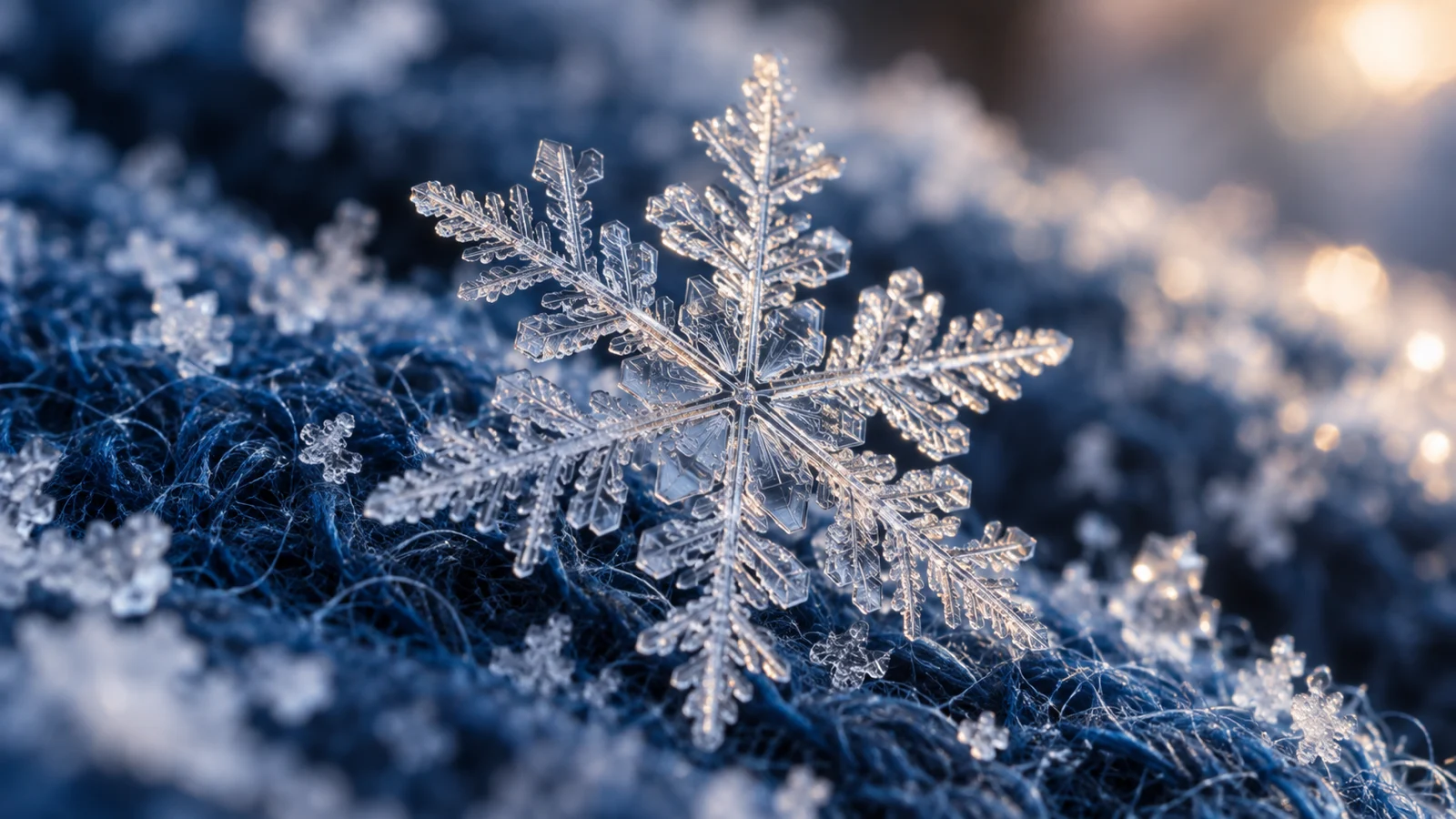 Intricate snow crystal resting on deep blue wool fibers