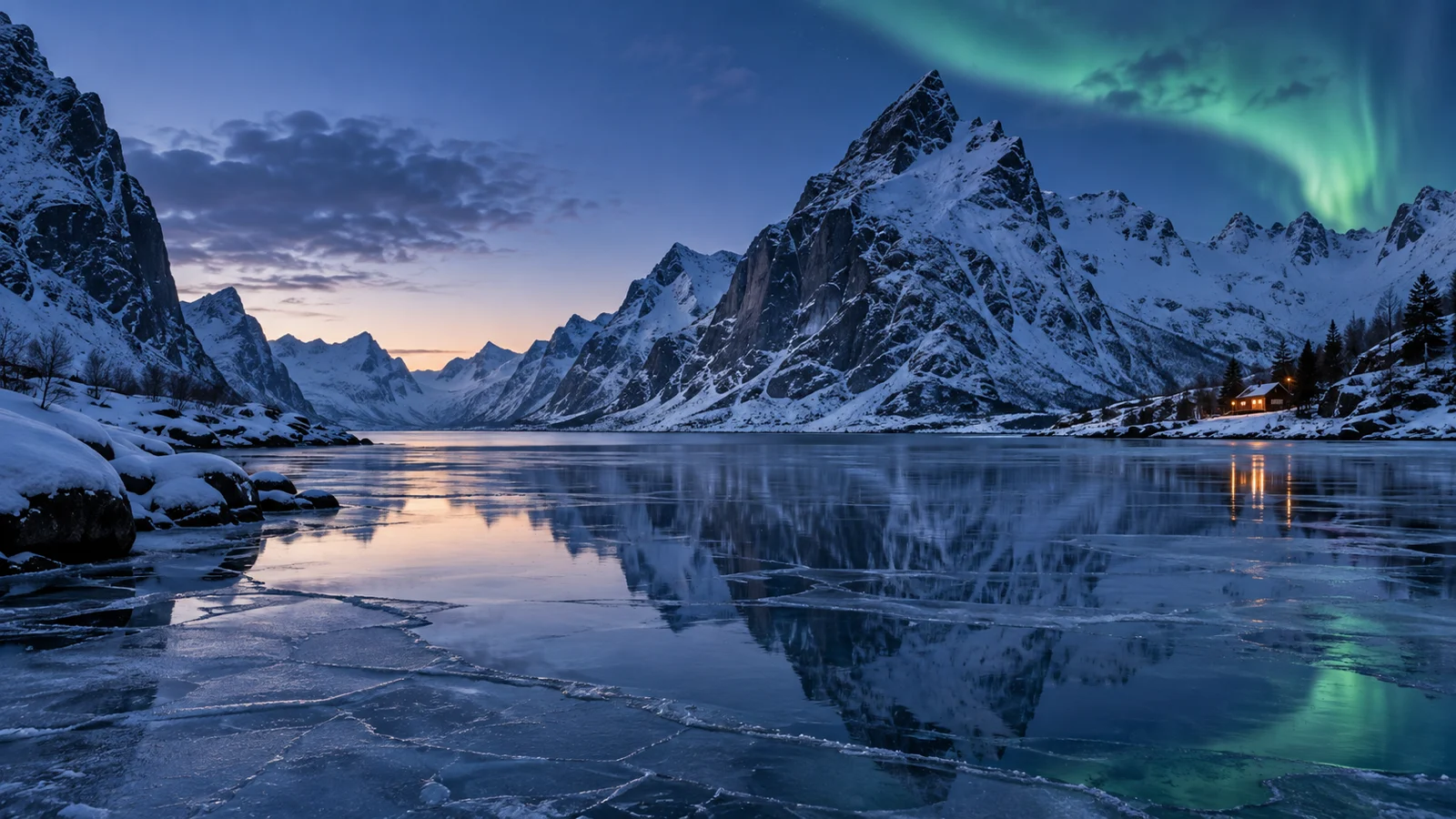 Aurora above a frozen Scandinavian fjord and distant glowing cabin